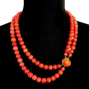 Alice Caviness Coral Glass Bead Double Necklace 22.5" Signed Grandma Vintage